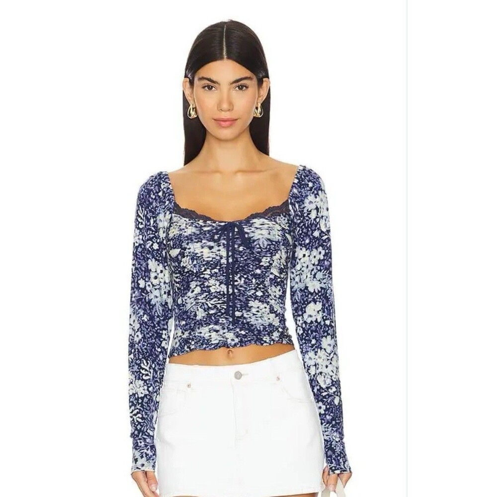 Free People Women's Blue White Floral Lace Ruched Long Sleeve Square Neck